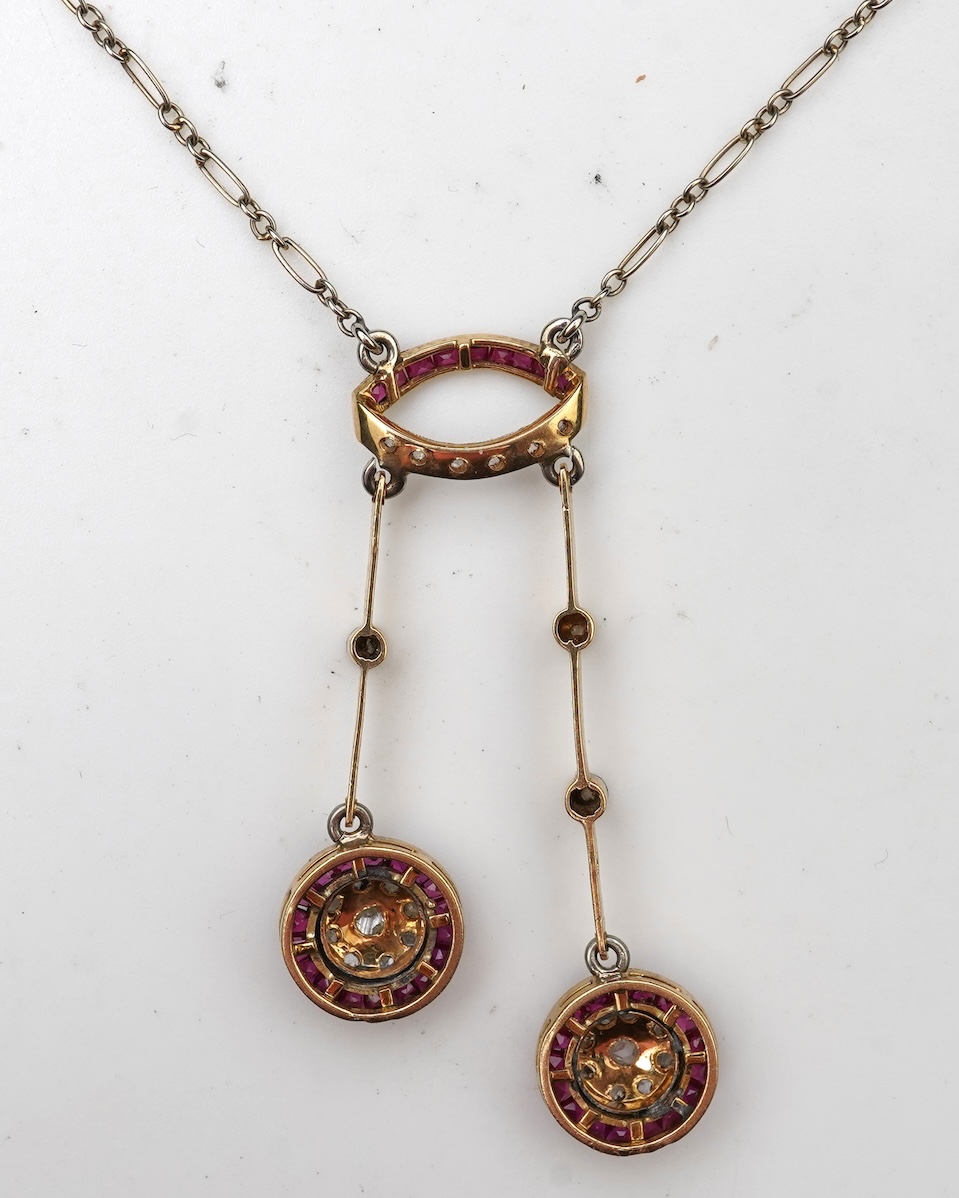 An Art Deco synthetic ruby and diamond pendant, France, 1920s